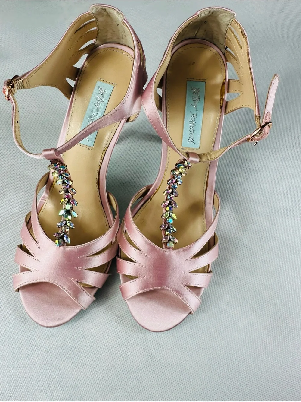 Betsey Johnson Rose Pink Satin Open-Toe Heels with Jeweled Ankle Detail